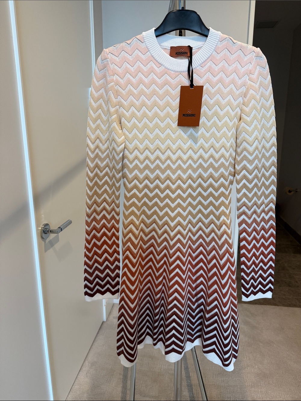 Missoni Chevron Ombre Long Sleeve Knit Dress in Pink, Cream, Brown